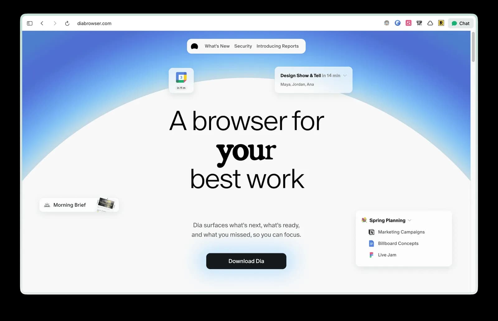 Dia's homepage. A morning brief, a meeting schedule and a Notion-style planning panel all point to the same audience: people who spend their working day handling information.
