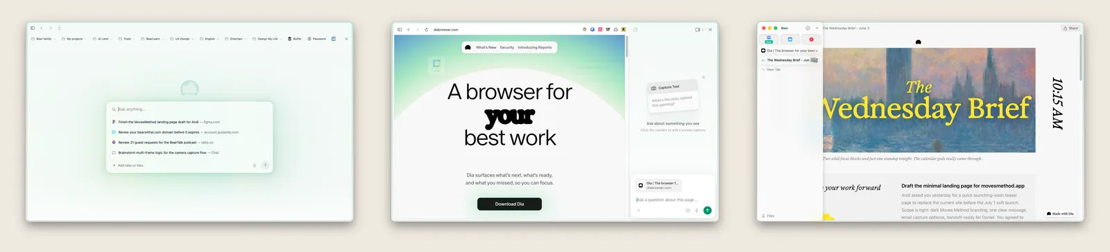 On the left is the address bar, in the centre the side chat reading the current page, and on the right a report generated across several tabs. They do not carry equal weight in the product.