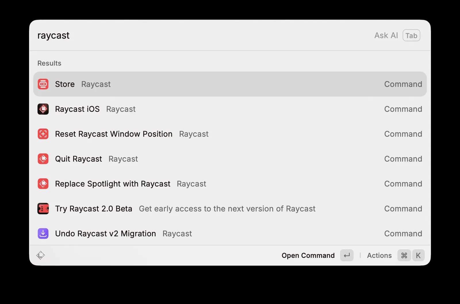 Fig 0. The whole product hides behind one shortcut. Summon Raycast, type, and a list of commands appears. Most features never show up until you go looking for them, which is why many people still read it as "just a launcher".