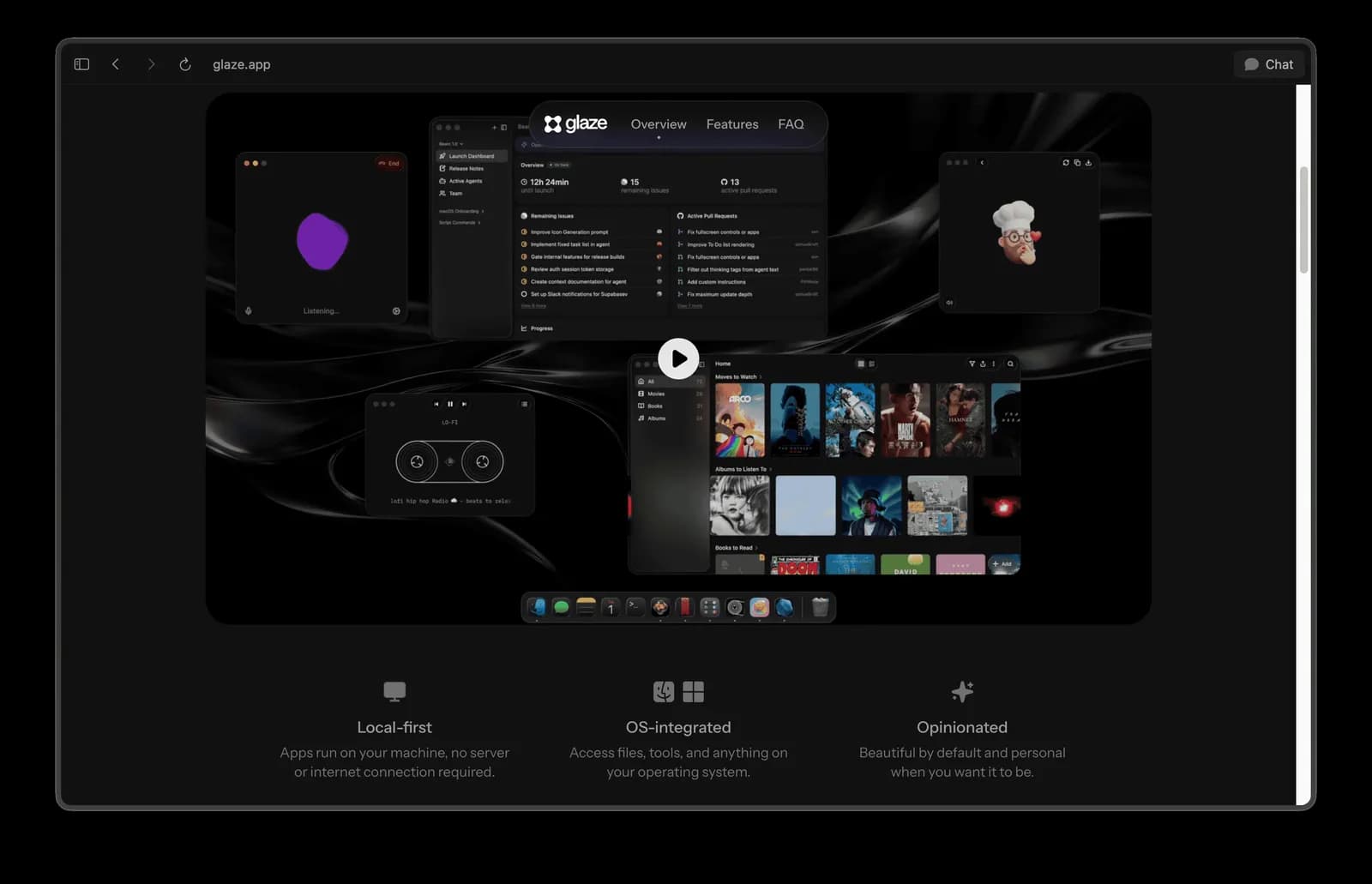 Fig 6. Glaze, the standalone product Raycast shipped in March 2026. You generate native desktop apps by talking to an AI. It has its own product shape and no longer leans on the command bar.