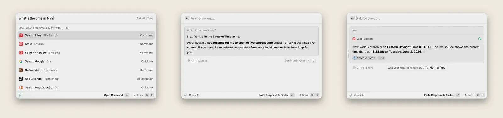 Fig 3. Asking Quick AI for the time in New York. The first answer cannot give live information; only after I confirm does it run a web search. A simple question takes several rounds, which exposes the limits of one-shot Q&A.