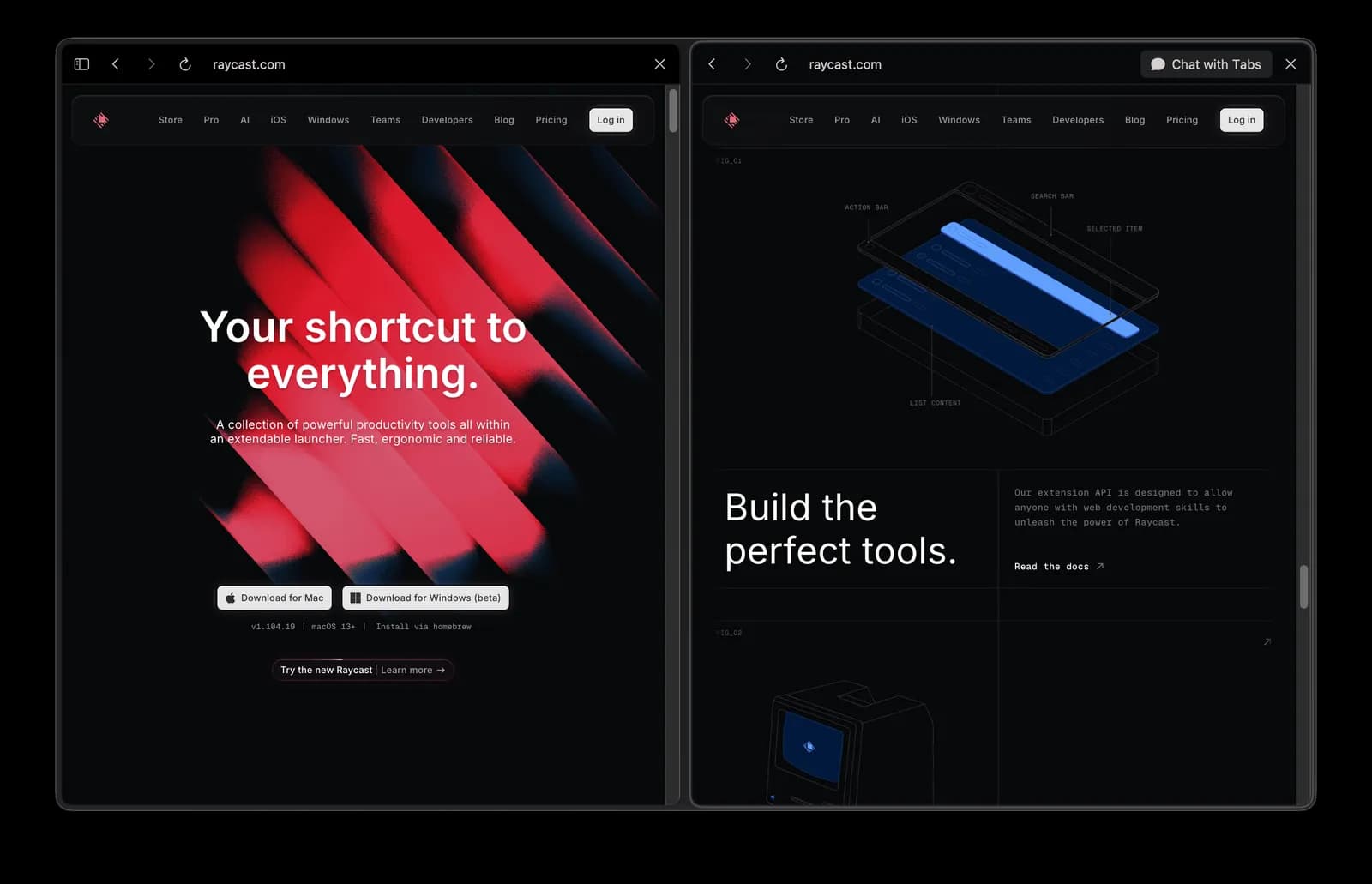 Fig 9. One landing page, two registers. The top half speaks to knowledge workers; only the lower part starts talking to the developers who build extensions.