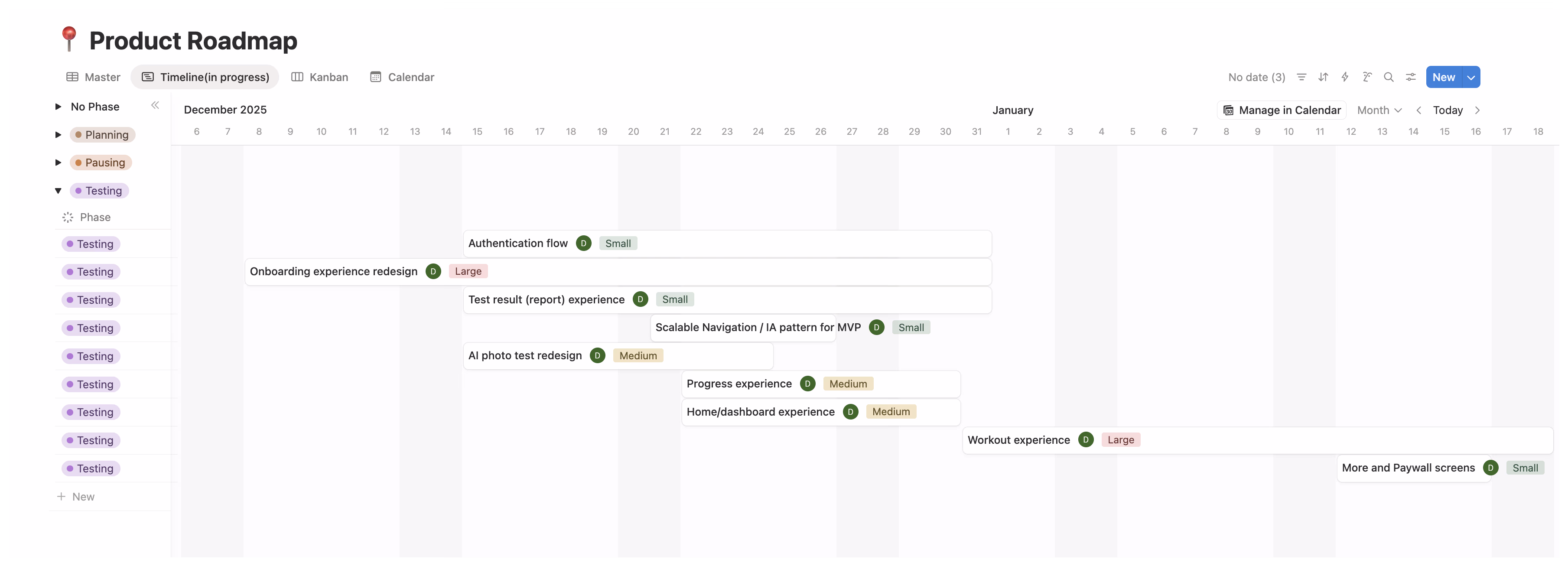 Notion roadmap — Project board showing task status and phases