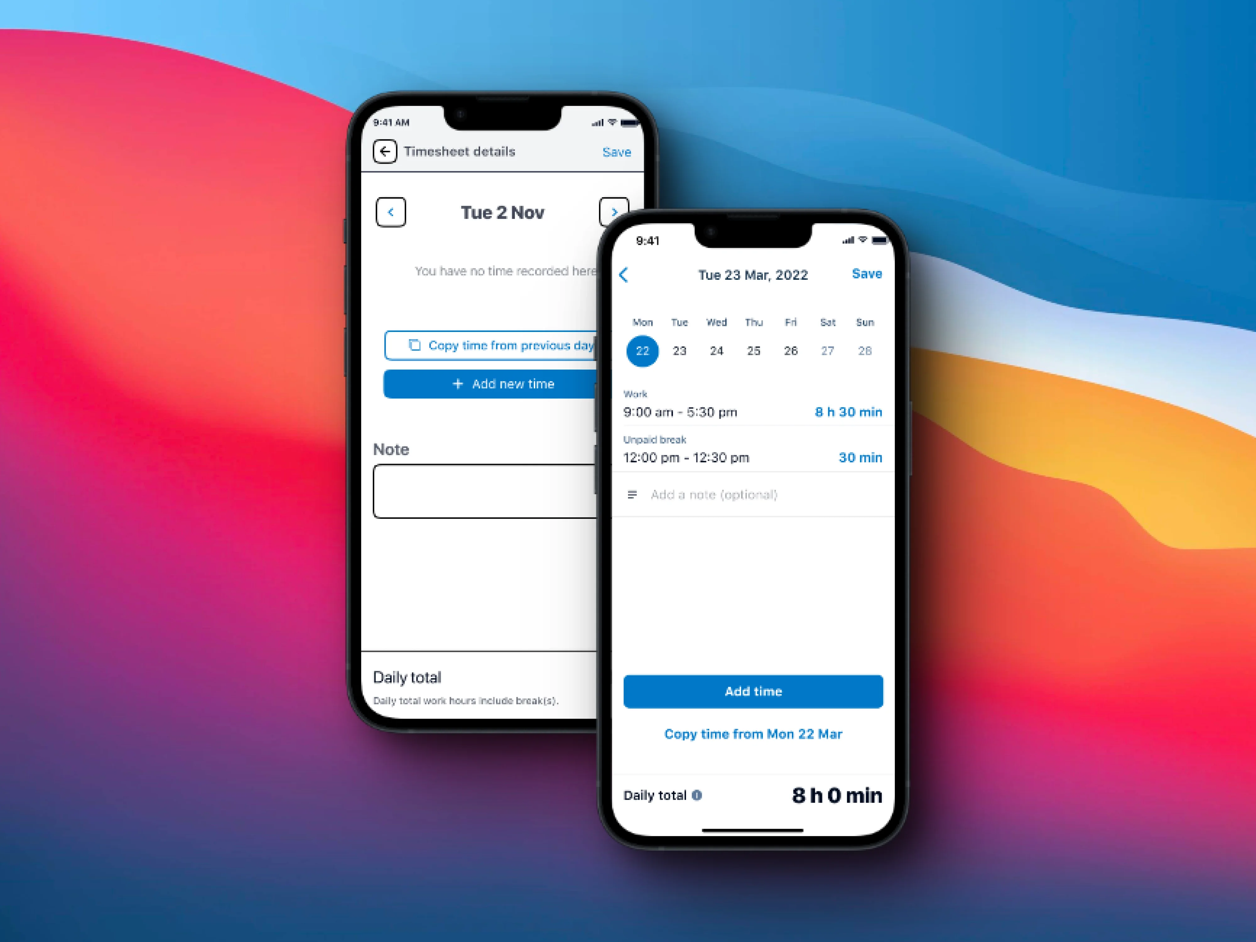 Xero Me timesheets final interface on two phones