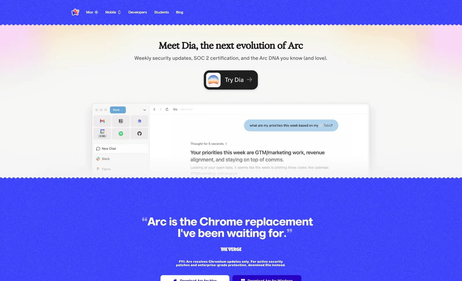 Arc’s website now introduces Dia first. Arc still works, but the team’s future is clearly elsewhere.