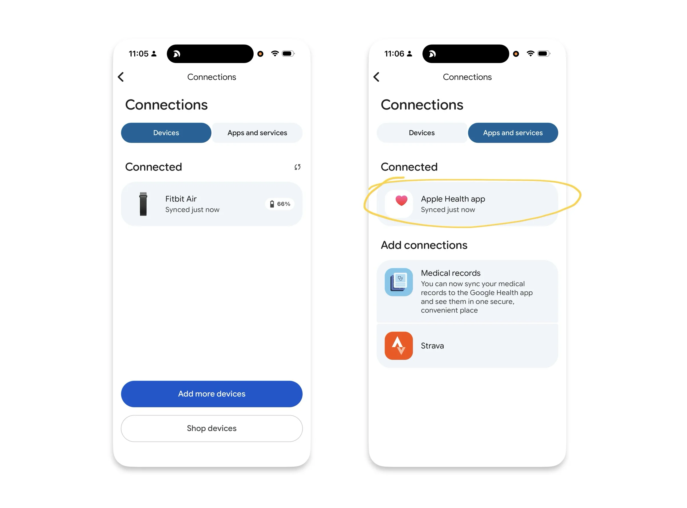 Fitbit data is collected directly by Google. Apple Health data comes from another platform, while medical records must be imported through external systems. The sources look similar in the interface, but Google’s control over them is very different.