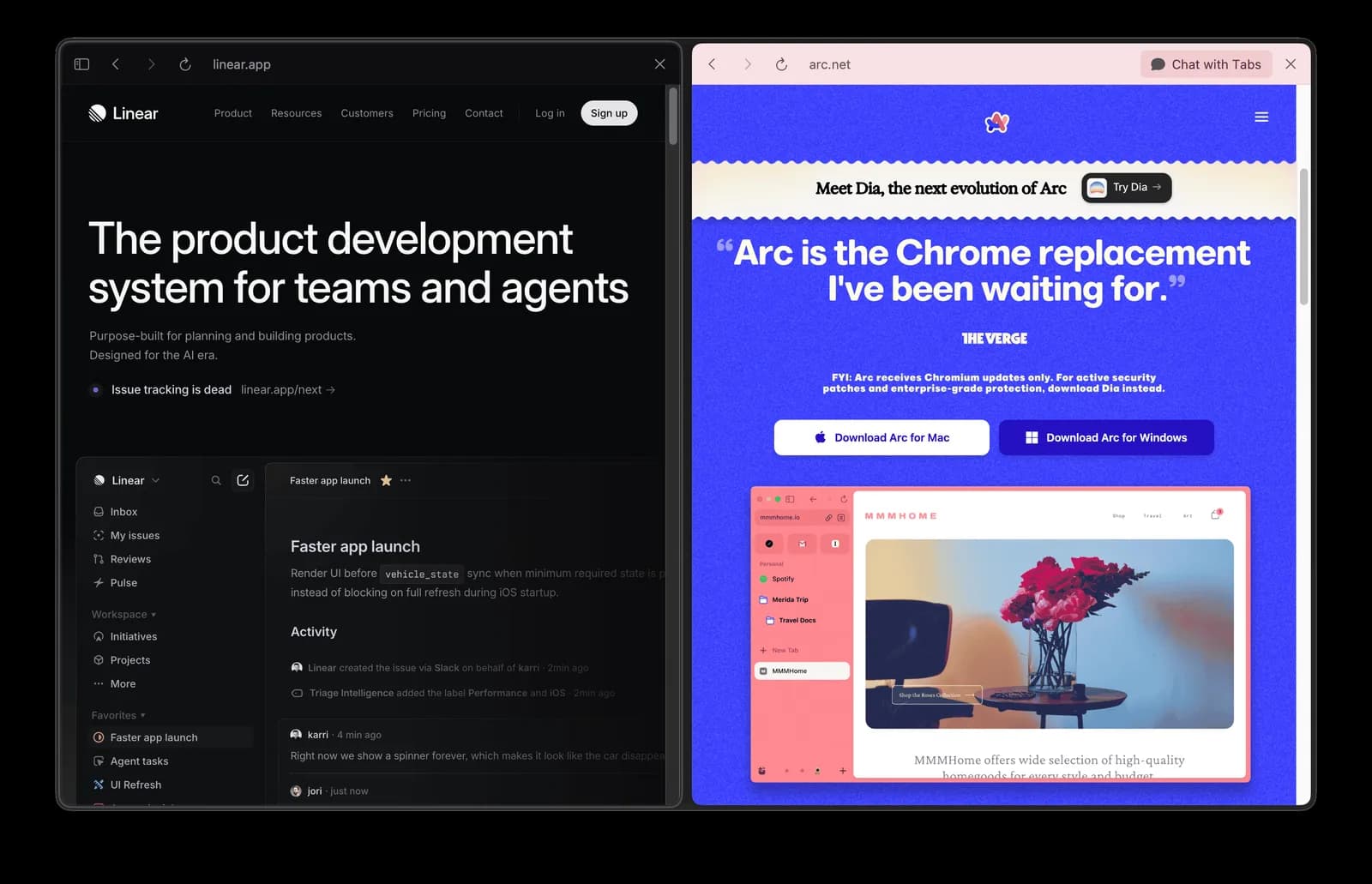 Fig 2. Same real user, opposite invitation. Linear's landing dresses cold and technical for the engineer it wants; Arc shipped a warm, rounded page in Notion's visual family and watched the same engineers feel it was built for someone else.
