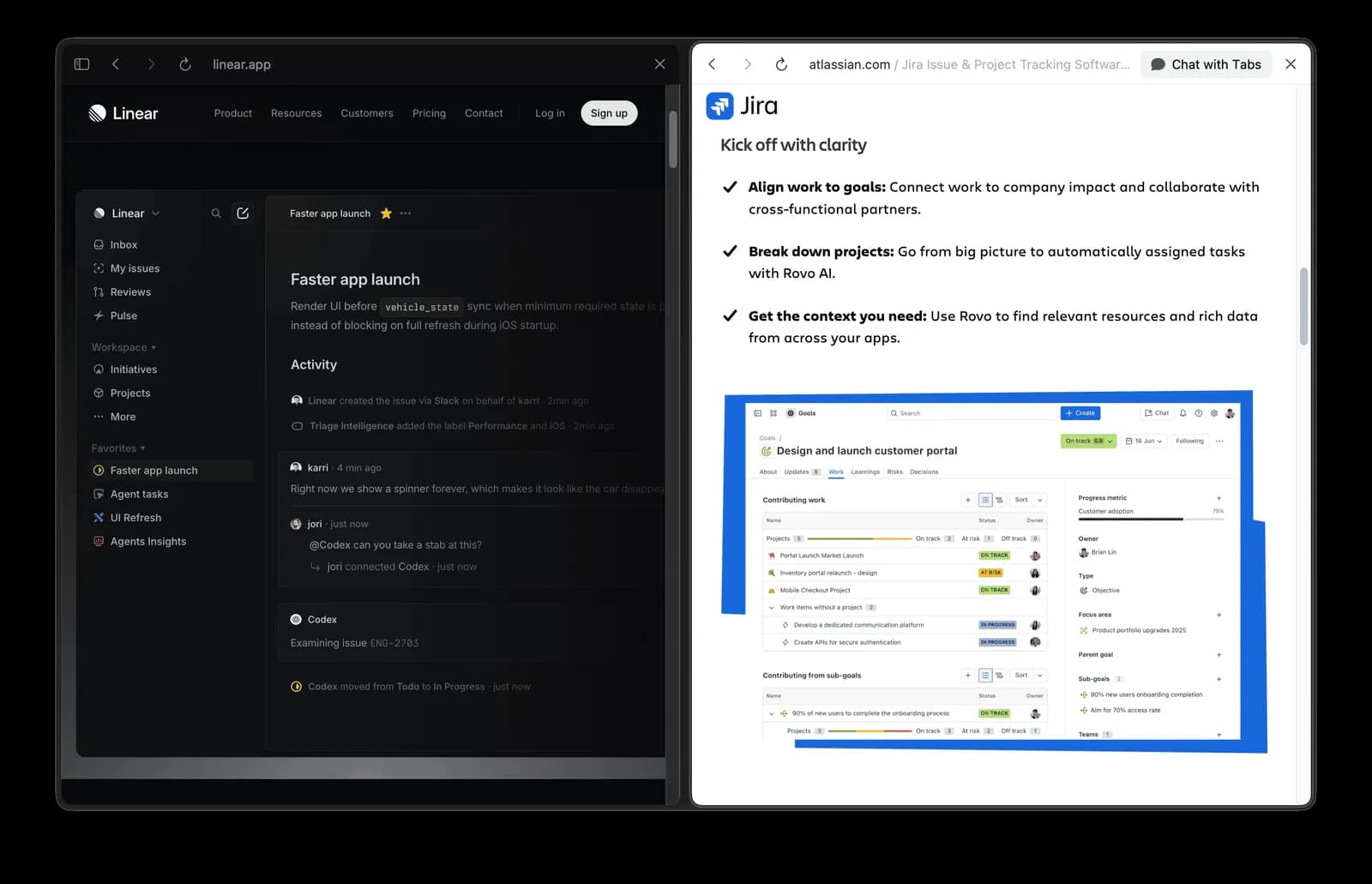 Fig 10. Every refusal is a customer turned away. Linear's lean default against Jira's stacked goals, sub-goals, and Rovo panels. The buyer who needs all of it visible feels “there is not enough here” and self-selects out before they ever cost Linear anything.